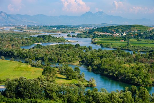 River Drin and river Kir, view from castle Rozafa, Shkodra, Shkoder, Qark Shkodra, Albania, Europe