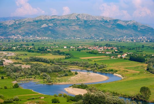 River Kir and village Kuc, view from castle Rozafa, Shkodra, Shkoder, Qark Shkodra, Albania, Europe