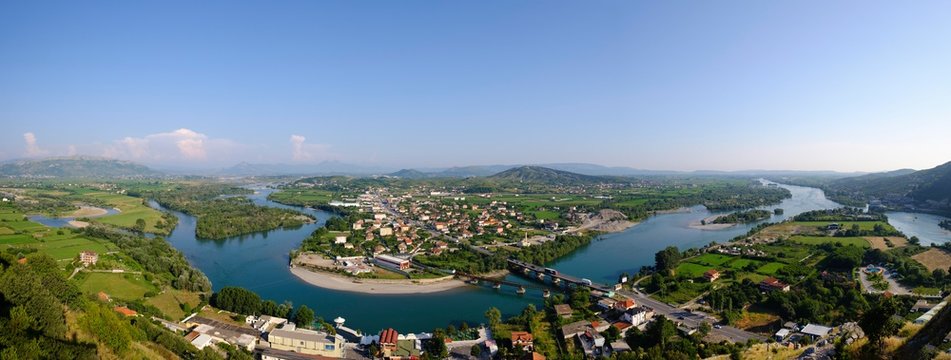 Rivers Kir, Drin and Buna, panoramic view from castle Rozafa, Shkodra, Shkoder, Qark Shkodra, Albania, Europe