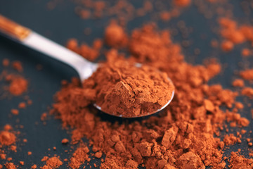 Spoon filled with organic cocoa powder