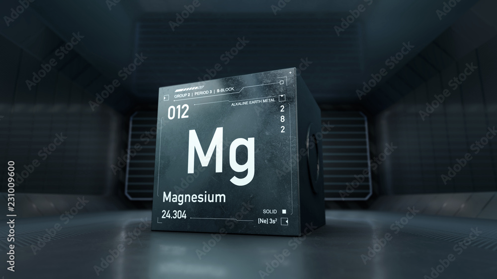 Fototapete futuristic design of magnesium element symbol from the periodc table on metallic cube - 3d render wi