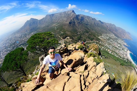 Ascent to Lion's Head overlooking Camps Bay, Table Mountain and Twelve Apostles, Cape Town, Western Cape, South Africa, Africa