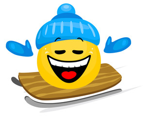 Concept of winter sport. Cute emoticon sledding in cartoon style on white background.