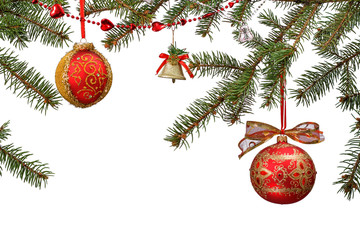 Branches of fir tree with Christmas toys and ornament