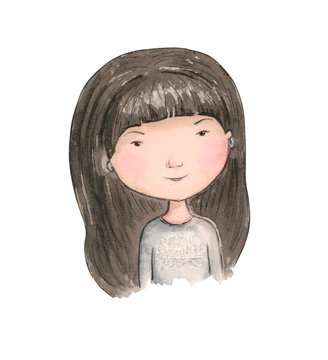 girl brunette avatar. watercolor
