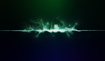 Illustration of green-colored particles exploding on a horizontal line