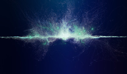 Illustration of blue-colored particles exploding on a horizontal line