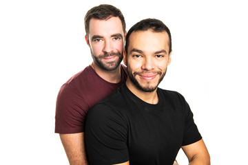 Obraz premium Young homosexuals gay couple love each other on a white background.