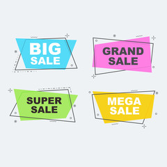 Flat linear promotion ribbon banner, discount, sale, scroll, price tag, sticker, badge, poster.