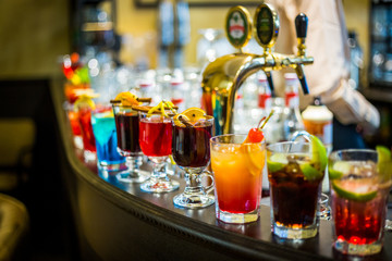 A Set of the Different Kind of Alcoholic Cocktails in the Bar at the Evening Party