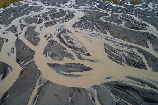 Meandering river in volcanic landscape, along road F35, Austurland, Iceland, Europe