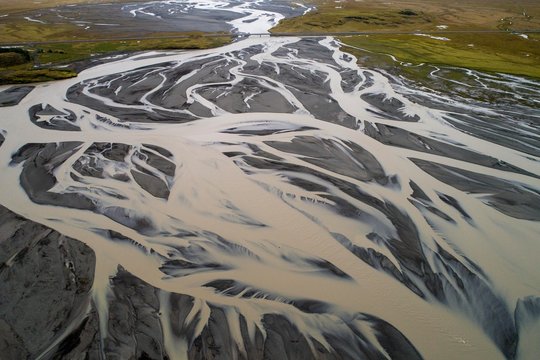 Meandering river in volcanic landscape, along road F35, Austurland, Iceland, Europe