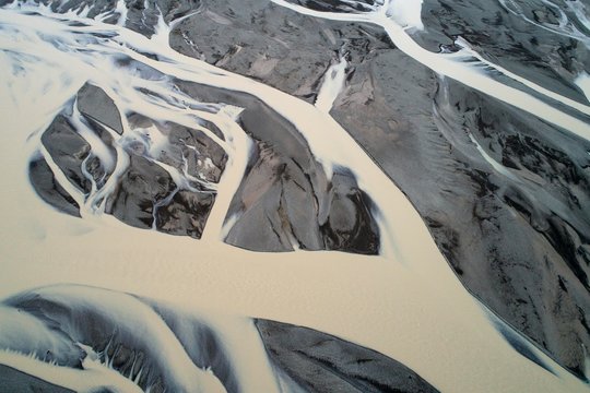 Meandering river in volcanic landscape, along road F35, Austurland, Iceland, Europe