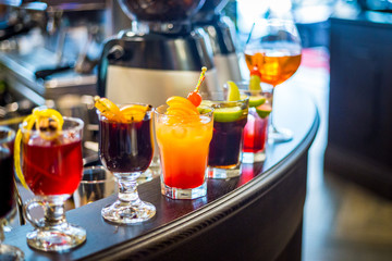 A Set of the Different Kind of Alcoholic Cocktails in the Bar at the Evening Party