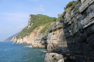 Stratificazione rocciosa della scogliera con falesia e bosco sul mare