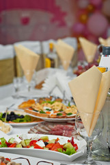 delicious dishes on the table in the restaurant. serving table.