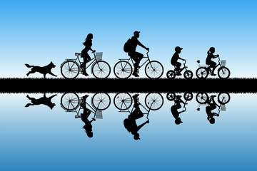 Naklejka premium Family on bikes in park. Active rest of parents with children. Vector illustration with silhouettes of cyclists and running dog. Blue pastel background