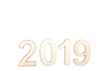 2019 year celebrate with wooden numbers on white background