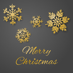 Merry Christmas luxury greeting card vector with sumptuous gold colored snowflakes on gray background.