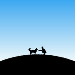Girl with dog in park. Vector illustration with silhouettes of woman and pet on hill. Blue pastel background