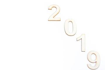 2019 year celebrate with wooden numbers on white background