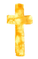Simple bright golden yellow Christian cross painted in watercolor on clean white background - 231011854