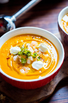 Sweet Potato Soup with Carrot, Pumpkin, Shrimps, Feta Cheese, Parsley and Red Pepper