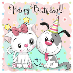 Naklejka premium Greeting Birthday card with cute cat and dog