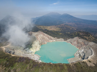 Aerial shot of the smoking Kawah Ijen volcano in East Java, Indonesia
