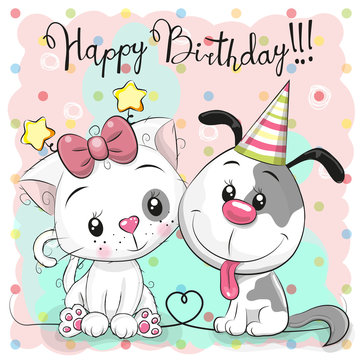 Greeting Birthday card with cute cat and dog