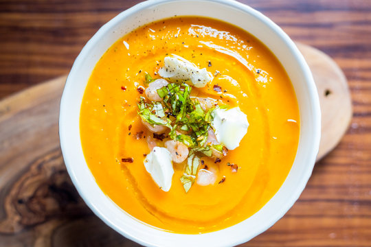 Sweet Potato Soup with Carrot, Pumpkin, Shrimps, Feta Cheese, Parsley and Red Pepper
