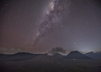 The Milky Way lights up the sky above the Mount Bromo caldera in East Java, Indonesia