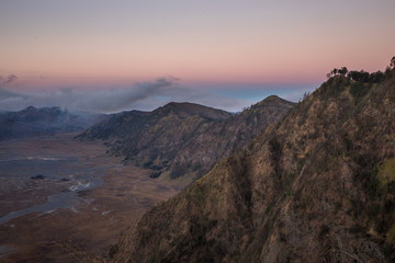 Sunrise at the Mount Bromo volcano with a view of the caldera rim from the King Kong viewpoint in East Java, Indonesia