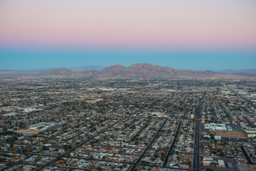 Las Vegas aerial view at sunset in Las Vegas, Nevada, USA.