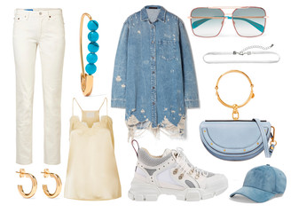 A set of fashionable clothes and accessories on a white background