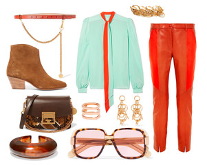 A set of fashionable clothes and accessories on a white background