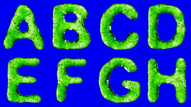 Alphabet from green water isolated on a blue background.