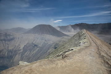 The hiking trail around the rim of the active Mount Bromo crater in East Java, Indonesia