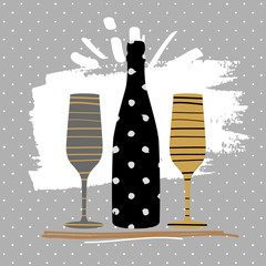 Holiday greeting postcard with champagne glasses and bottle in modern simple style