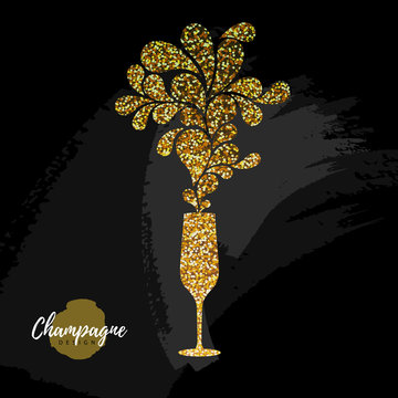 Champagne glass vector icon. Golden sparkle champagne glass on black background