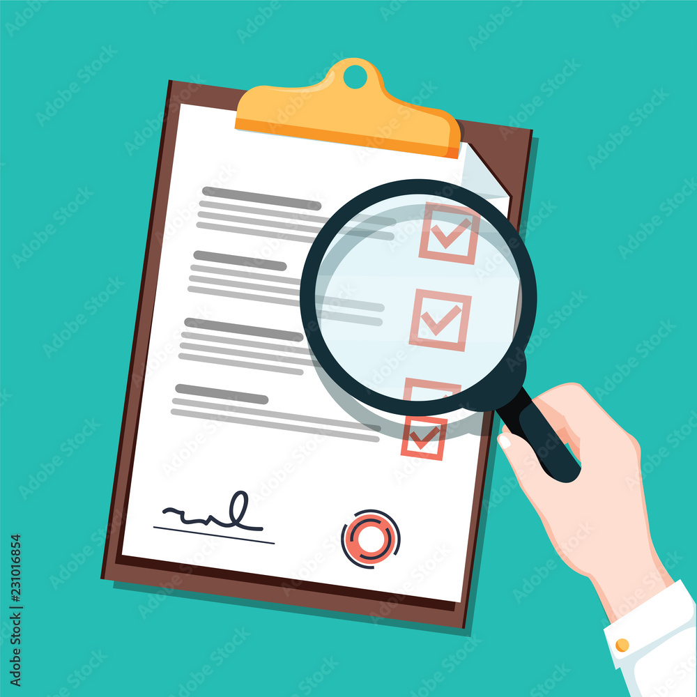 Poster new busienss contract and magnifier checklist flat icon. document with green ticks checkmarks. check