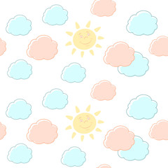 Vector seamless pattern with clouds and sun in pastel colors. Can be used for baby shop, store, market, kids centre, kindergarten, print on clothes for boys and girls. Background for banner, decoratio