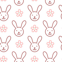 Vector seamless pattern with rabbits and flowers. Can be used for baby shop, store, market, kids centre, kindergarten. Background for banner, decoration, wallpaper. EPS10
