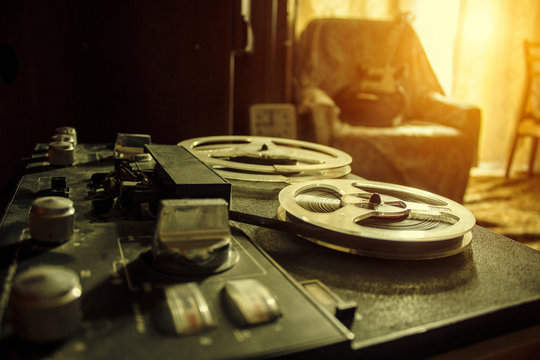 The vintage tape recorder, old tape recorder is playing music