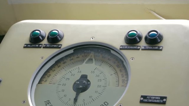 Control panel in ship with instruments equipment. Marine navigation devices. Indications on navigation devices of the sea vessel.