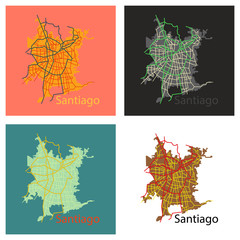 Set of Flat Road and administrative map of agglomeration Santiago, Chile