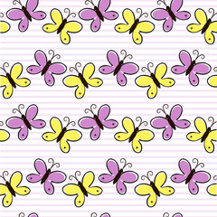 Cute vector background with butterfly of yellow and lilac colors on striped backdrop.