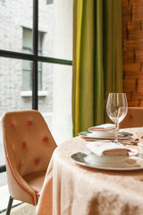 Luxurious Restaruant Gastronomy Scene Glasses on Table Decoration