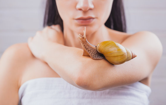 Young Brunette Woman Receiving Snail Facial Massage. Snail On Face. Cleaning Procedure In Spa Salon.