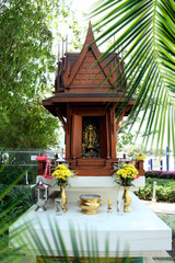 Close up shot of small temple model of buddhist spirit house in Bangkok, Thailand
